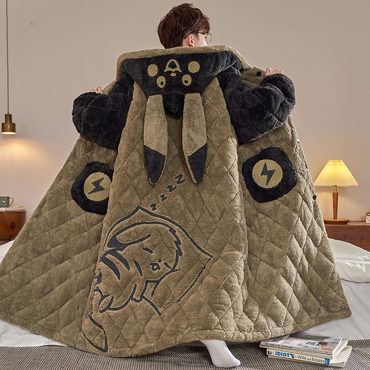 卡通冬季睡袍男士珊瑚绒三层夹棉加厚青少年大码240斤睡衣套装