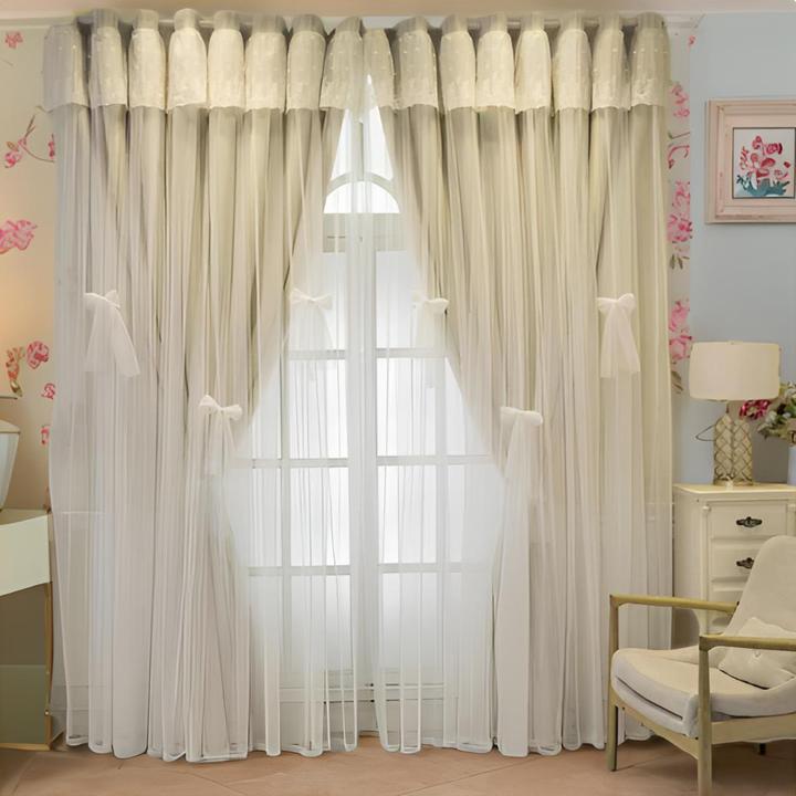 窗帘新款网红高遮光双层北欧隔热蕾丝布纱一体卧室客厅阳台公主风