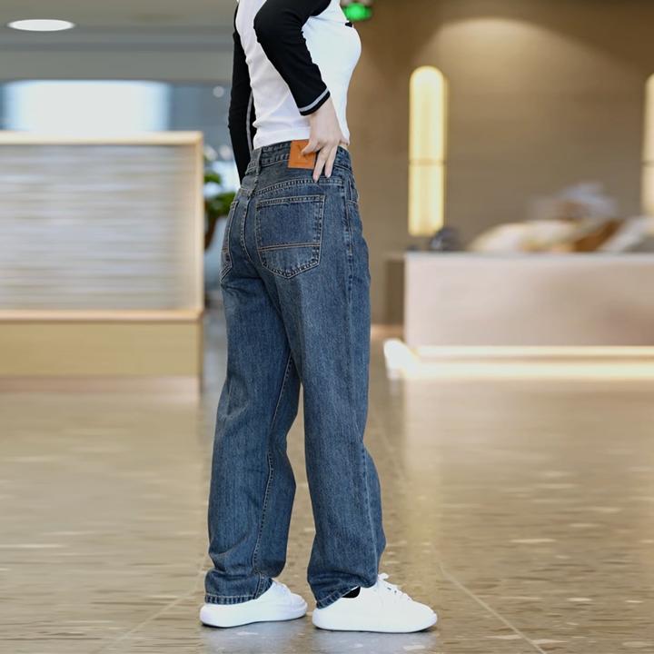 美式复古秋冬加绒宽松潮流阔腿时尚重工水洗高街做旧百搭牛仔裤男