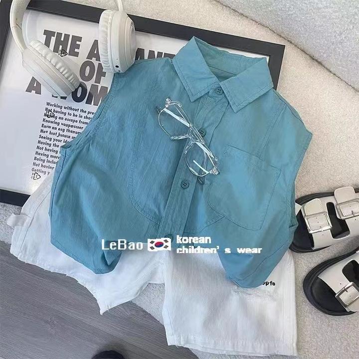 儿童套装2024夏季新款韩版男女童无袖衬衫洋气百搭休闲中裤两件套
