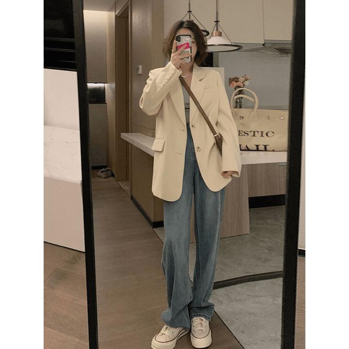 米白色小西装外套女2024秋新款韩系炸街小个子西服上衣