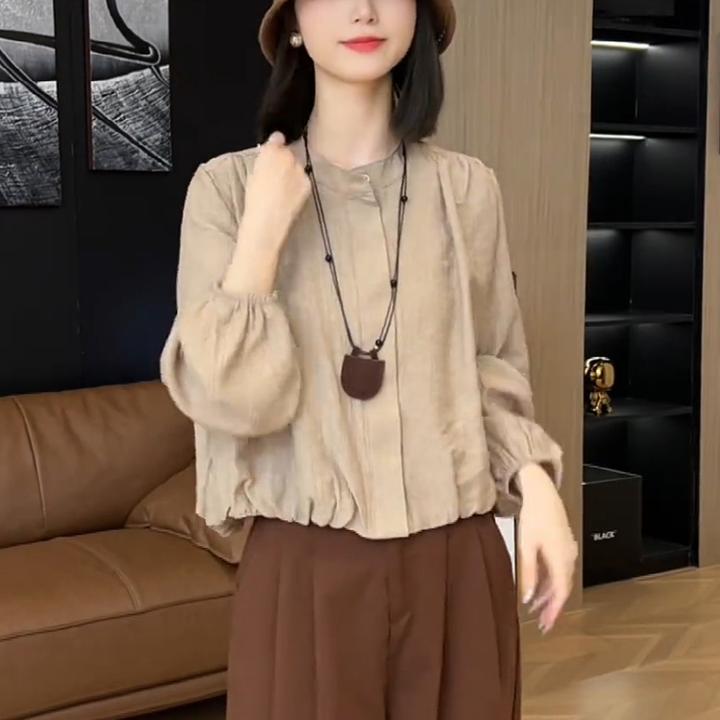 韩版时尚洋气褶皱衬衫女秋季爆款减龄显瘦小众设计圆领单排扣上衣
