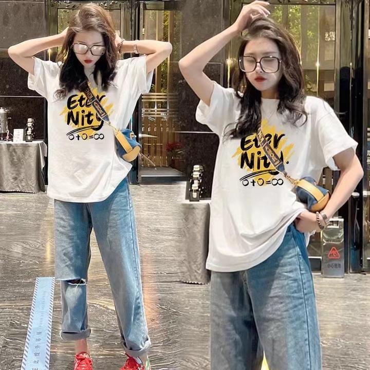 100%纯棉中长款T恤女短袖2024夏季新款宽松显瘦百搭休闲印花上衣