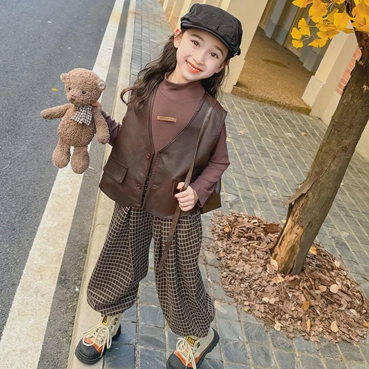 女童春秋季马甲套装2025新款洋气时髦三件套女宝宝秋装格子裤童装