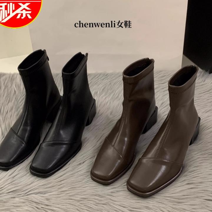 高跟方头瘦瘦法式小短靴女鞋2025粗跟秋冬加绒棕色时尚百搭马丁靴