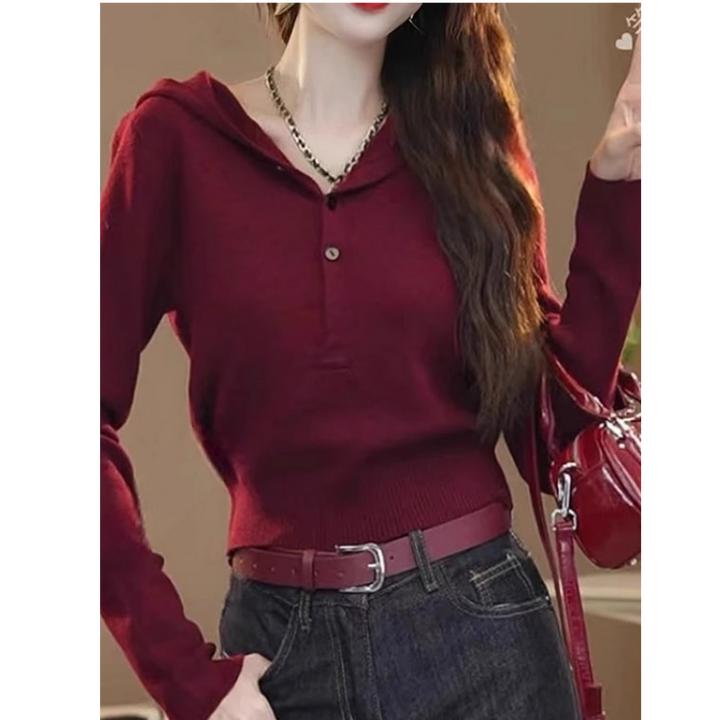 雅丹大码女装安可拉红设计感毛衣秋季胖mm洋气显瘦套头连帽针织衫