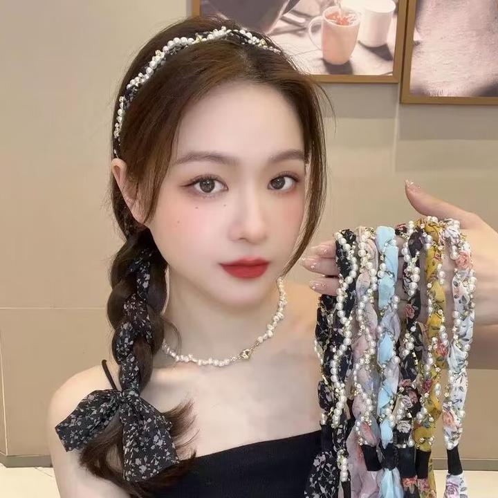 碎花飘带丝巾外出编发发箍一体发绳女童珍珠头箍马尾绑发头绳夏季