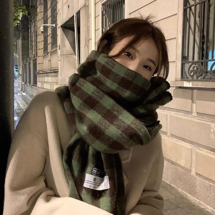 复古格子围巾新款女士冬季加厚韩版学生披肩两用保暖围脖绿色