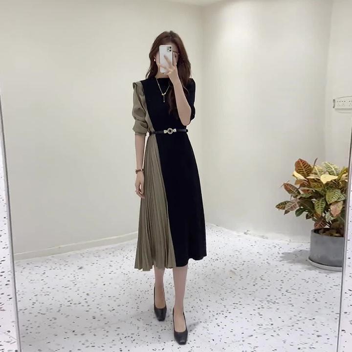 裙子女内搭配大衣长裙2024年新款中长款气质收腰百褶裙连衣裙6685