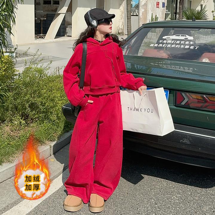 巴拉童年女童连帽卫衣秋冬款女孩加绒冬装套装大儿童潮酷时髦冬款