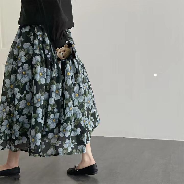法式时尚复古高腰气质显瘦花朵碎花裙百搭大摆A字中长款半身裙女