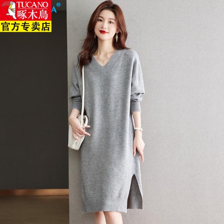 啄木鸟V领纯色套头针织衫毛衣长裙女过膝开叉打底衫女中长款宽松