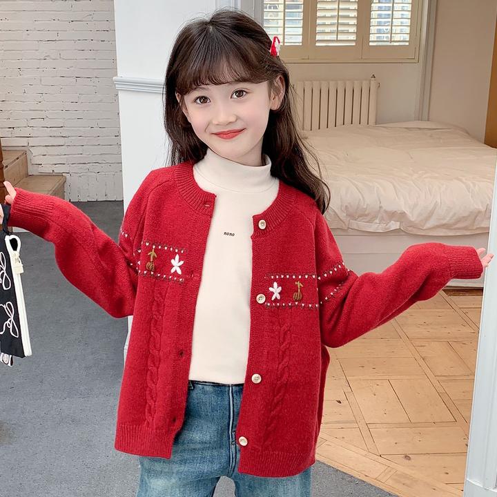女童开衫毛衣秋冬季2024新款韩版儿童装女孩休闲百搭红色针织外套