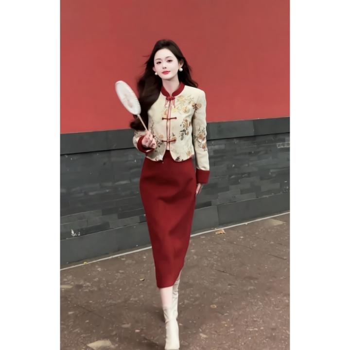 秋冬气质显瘦新中式国风撞色拼接刺绣棉服外套+半身裙两件套装女