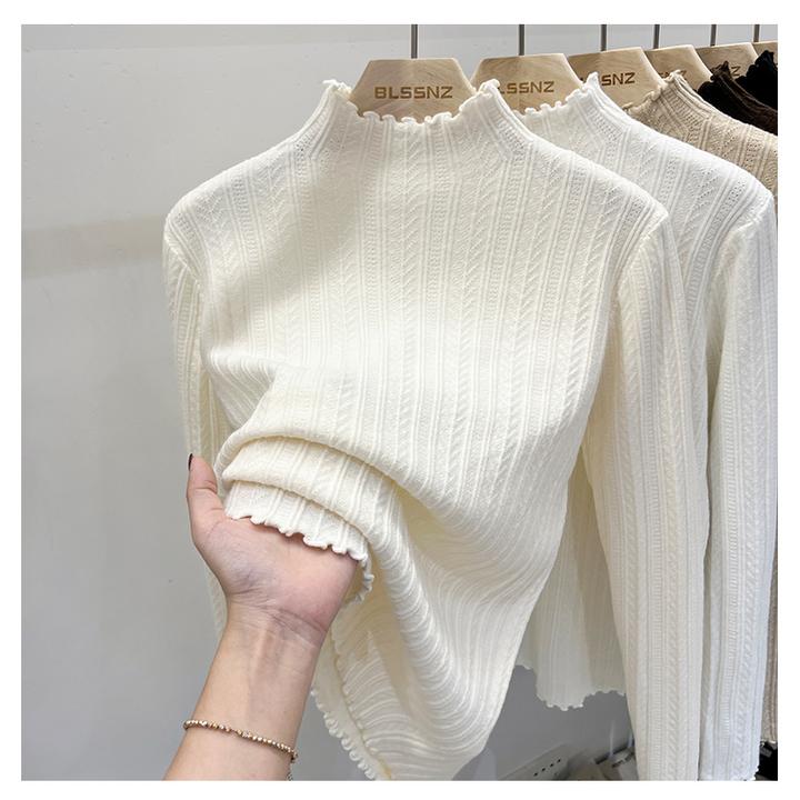 木耳边针织半高领打底衫女2024秋冬内搭白色打底毛衣女新款上衣薄