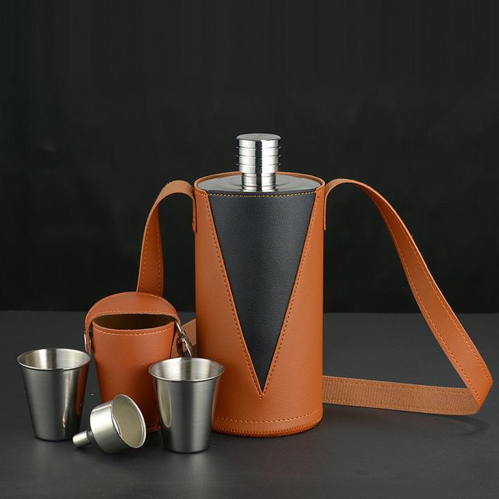 高档不锈钢304加厚酒壶便携式水壶白酒壶1斤2斤带皮套酒杯漏斗
