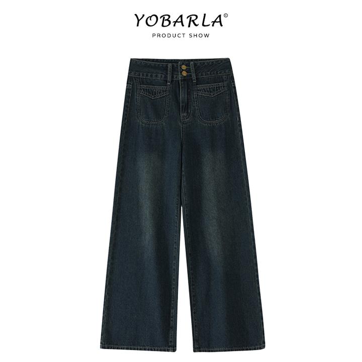 复古蓝直筒牛仔裤女秋冬加绒大码胖mm宽松显瘦梨形身材高腰阔腿裤