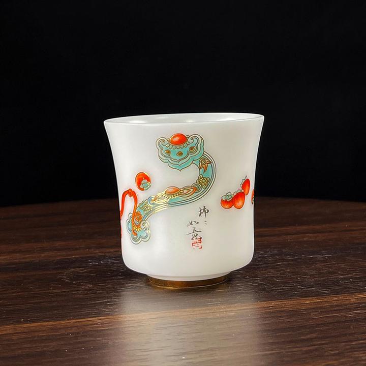 冰种羊脂玉瓷柿柿如意束腰反口杯高档白瓷手绘描金陶瓷茶具主人杯