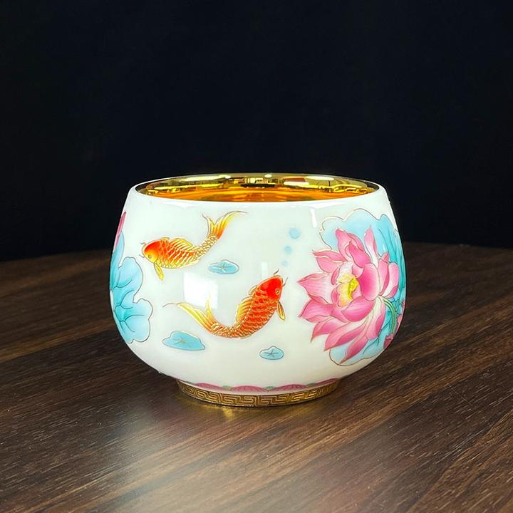 高端鎏金鱼戏荷塘荷花茶杯个人专用陶瓷办公送礼女士主人喝茶杯子