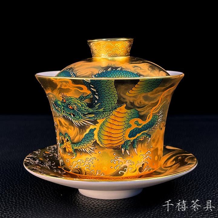 高档纯手工鎏金单个高端青龙三才盖碗陶瓷茶具羊脂玉瓷家用泡茶器