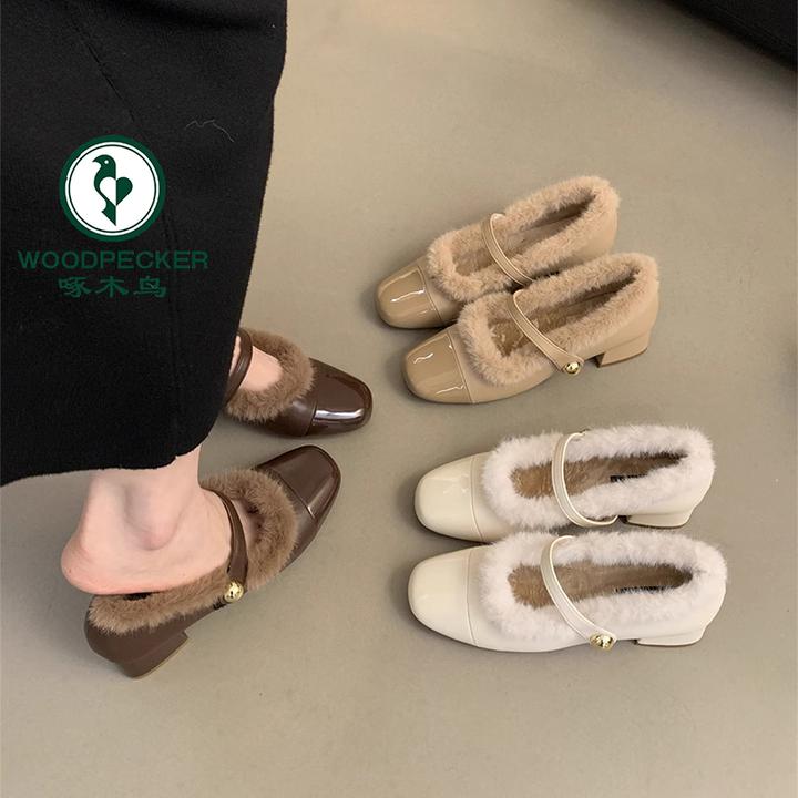 啄木鸟粗跟玛丽珍鞋女冬2024新款法式晚风毛毛鞋加绒仙女高跟单鞋