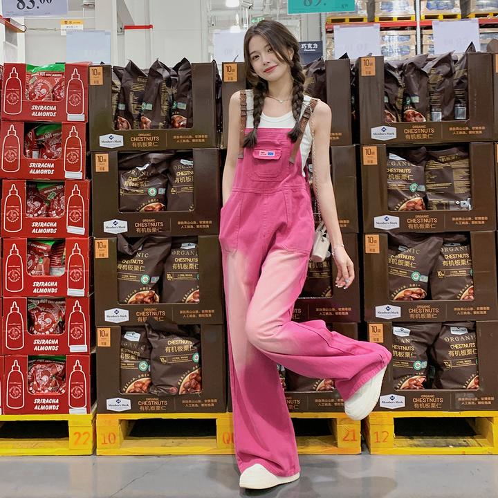 2024夏新款玫粉色牛仔背带裤女宽松显瘦阔腿裤小个子梨形身材长裤