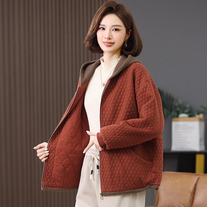 2084连帽夹棉外套女大码2024新款宽松中老年妈妈休闲薄款棉服
