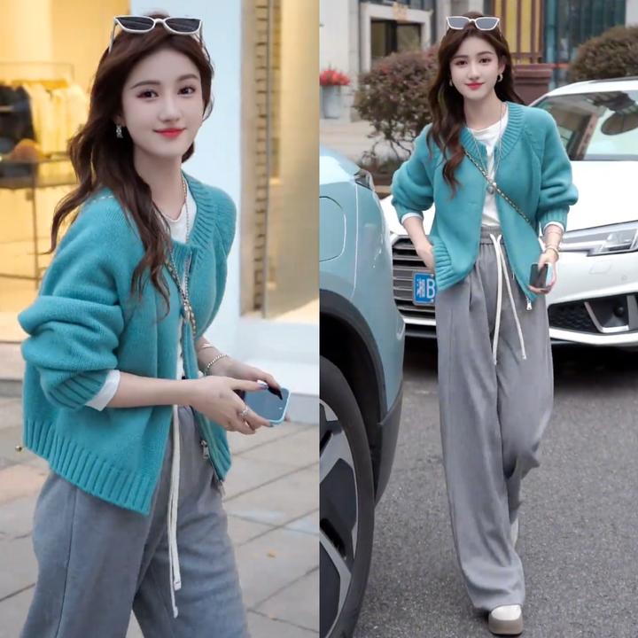 净版纯色多巴胺拉链长袖毛衣+圆领纯色长袖打底上衣+显瘦休闲裤