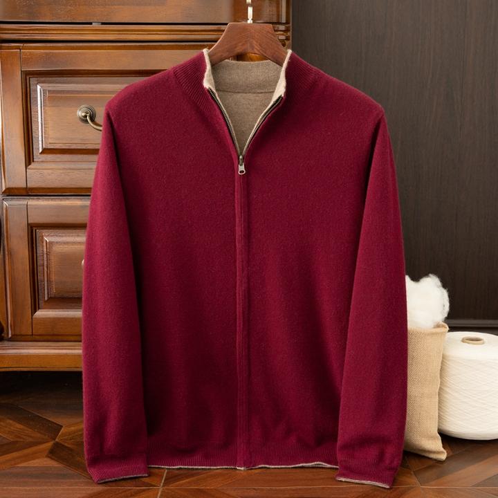 秋冬纯色双面可穿半高领100%纯山羊绒拉链开衫男商务外套休闲夹克