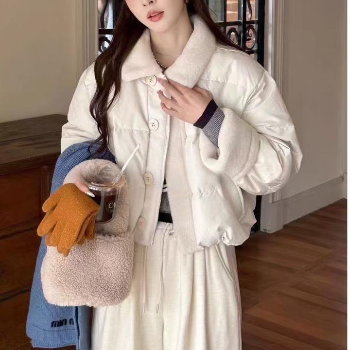 2024新款韩版气质毛毛拼接小个子宽松加棉时尚保暖短款外套网红