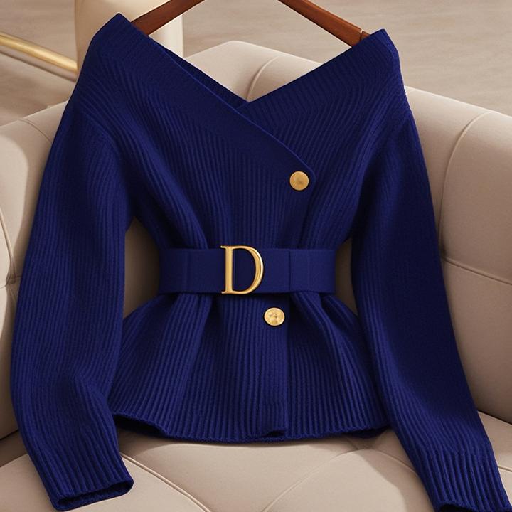 【现货】初冬洋气上衣独特别致高级感超好看韩系慵懒风蓝色针织开衫