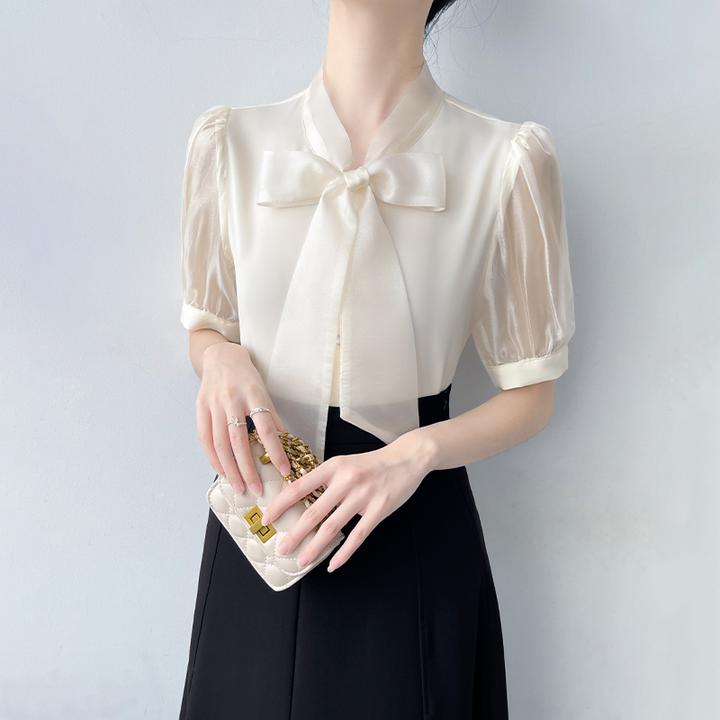 韩帛雅【法式温柔】蝴蝶结飘带短袖衬衫女夏季显瘦气质时尚上衣洋气