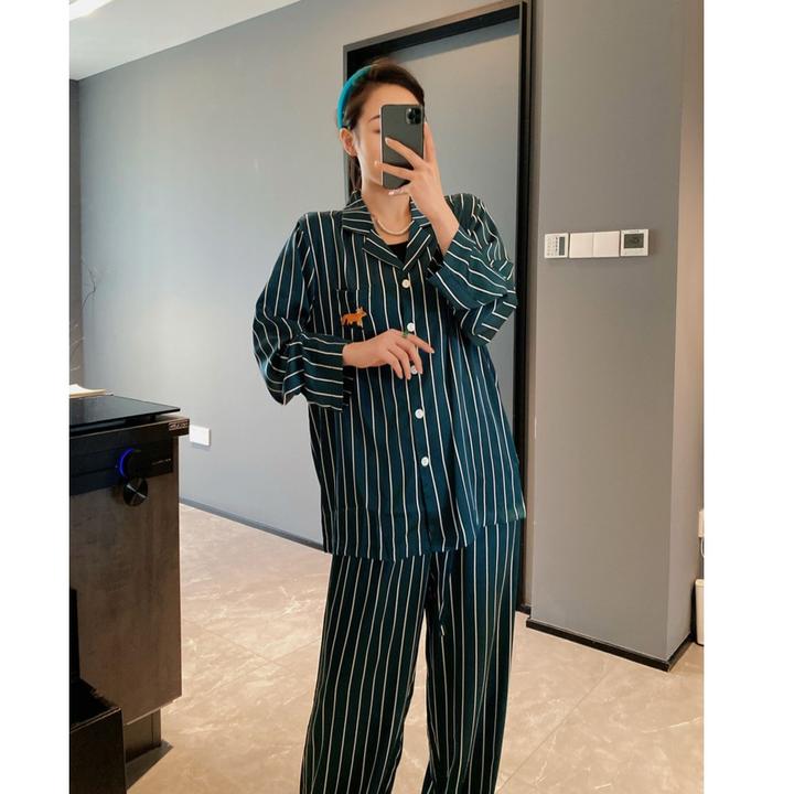 圣安娜 条纹狐狸印花情侣睡衣四季长袖长裤家居服高级感宽松套装