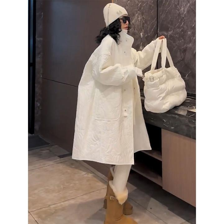 欧洲站2025秋冬新款韩版百搭宽松中长款立领外套女时尚纯色上衣潮