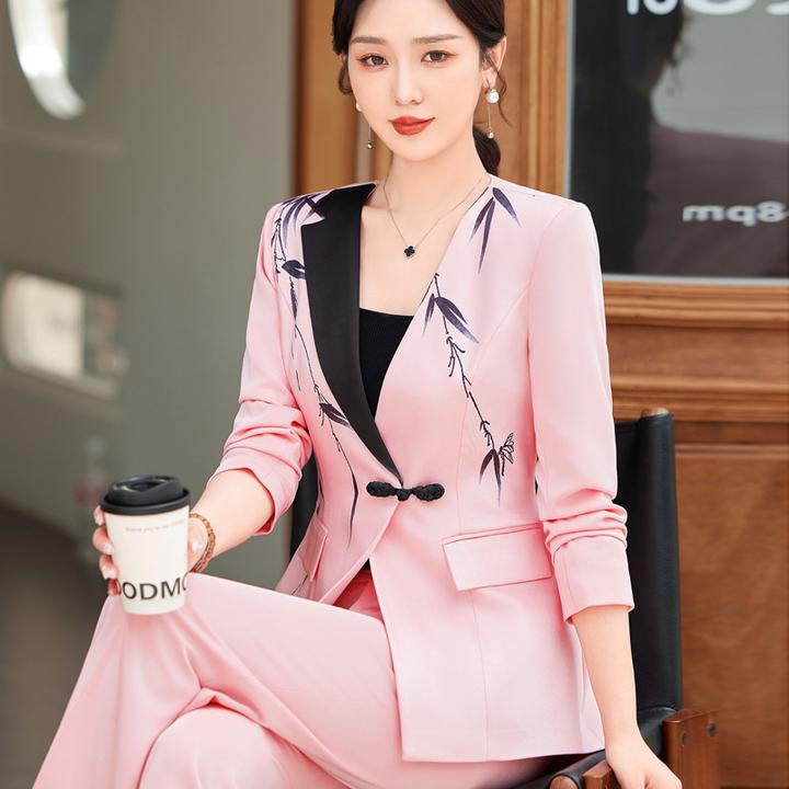 粉色西装套装女新中式国风时尚印花名媛小香风高级感阔腿裤两件套