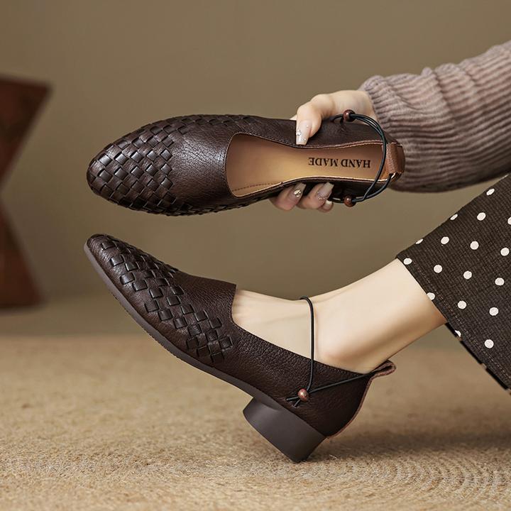 3CM，羊皮夏季粗跟编织女单鞋软底手工女单鞋英伦风英伦笑脸女单鞋