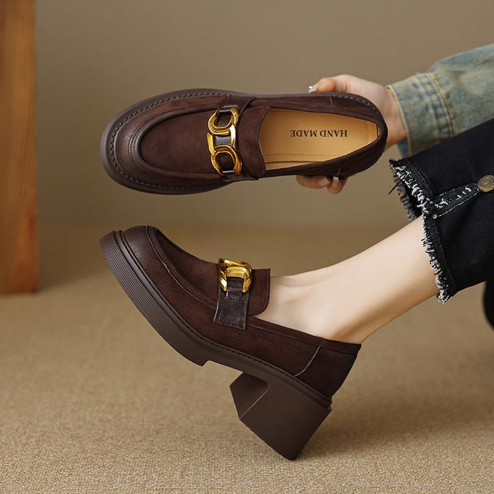 6.5CM，羊皮厚底乐福鞋英伦风百搭粗跟女单女士漆皮厚底粗跟乐福鞋