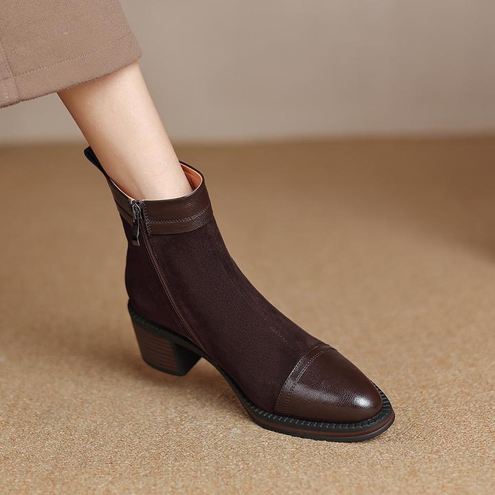 5CM，羊皮粗跟高跟靴秋冬新款马丁靴百搭真皮时女士微秋冬羊皮粗跟