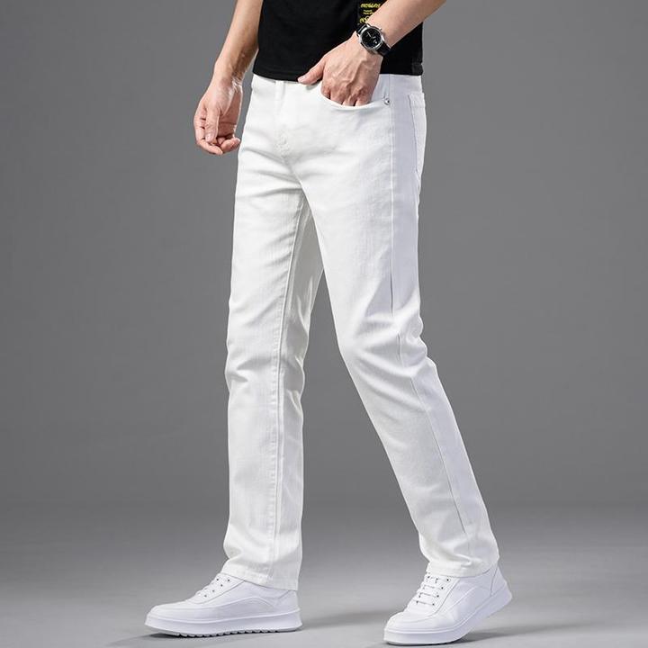 香港高端复古轻奢春夏季新款白色牛仔裤男士潮流韩版宽松直筒弹力