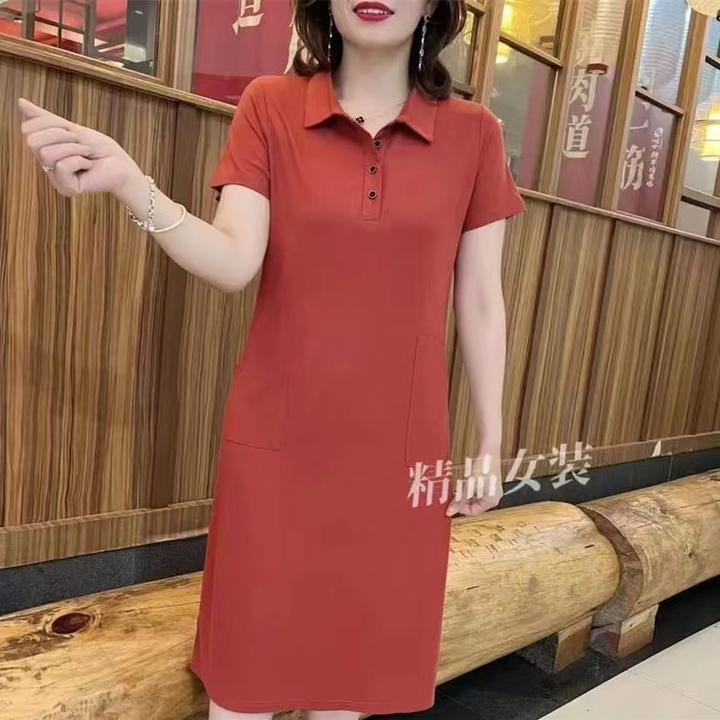 夏季新款连衣裙纯色显瘦遮肚POLO裙中长翻领裙子气质百搭中年女装