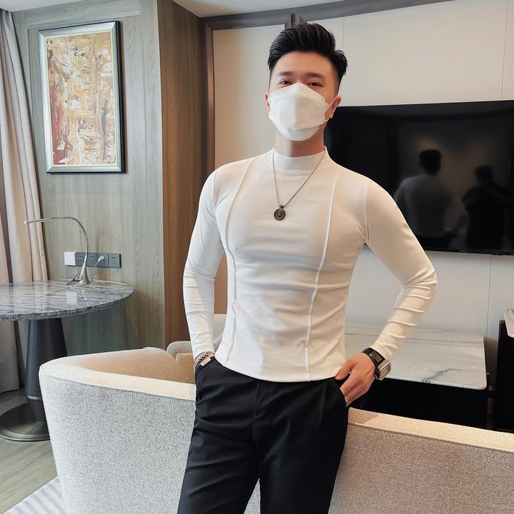 男士半高领长袖打底衫韩版修身上衣纯色秋冬季百搭休闲中领T恤潮