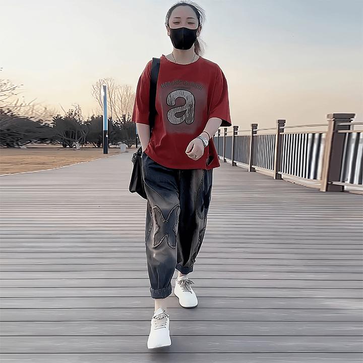 宽松洋气休闲女装2025夏季新款运动装潮流白色印花短袖牛仔裤套装