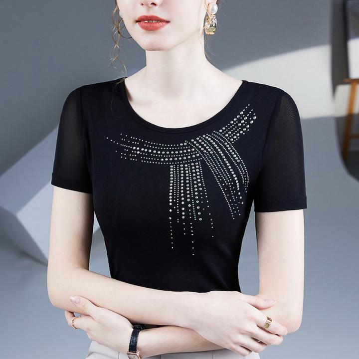 网纱烫钻T恤小衫2024夏季新款广场舞服装上衣女上衣舞蹈服