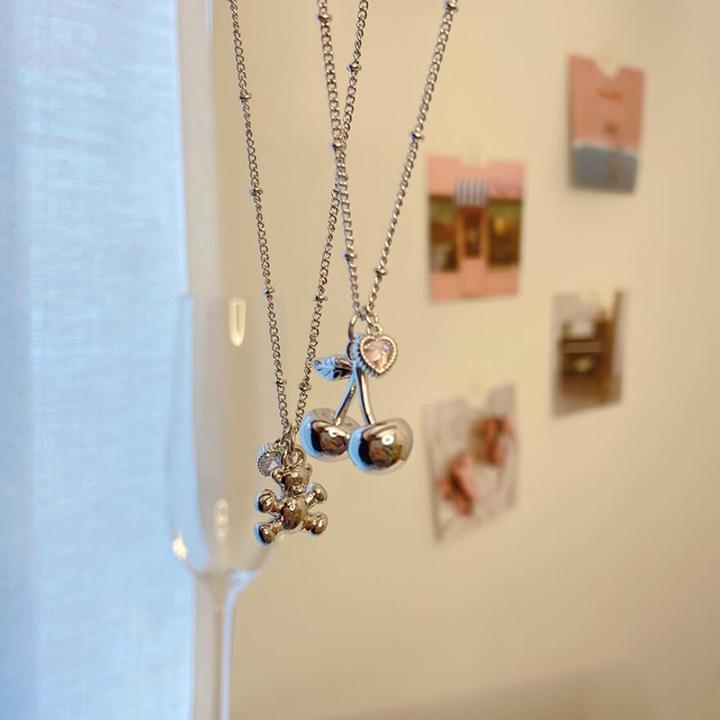 合金项链 小熊樱桃爱心吊坠ins小众简约高级感坠链双面甜美四叶草