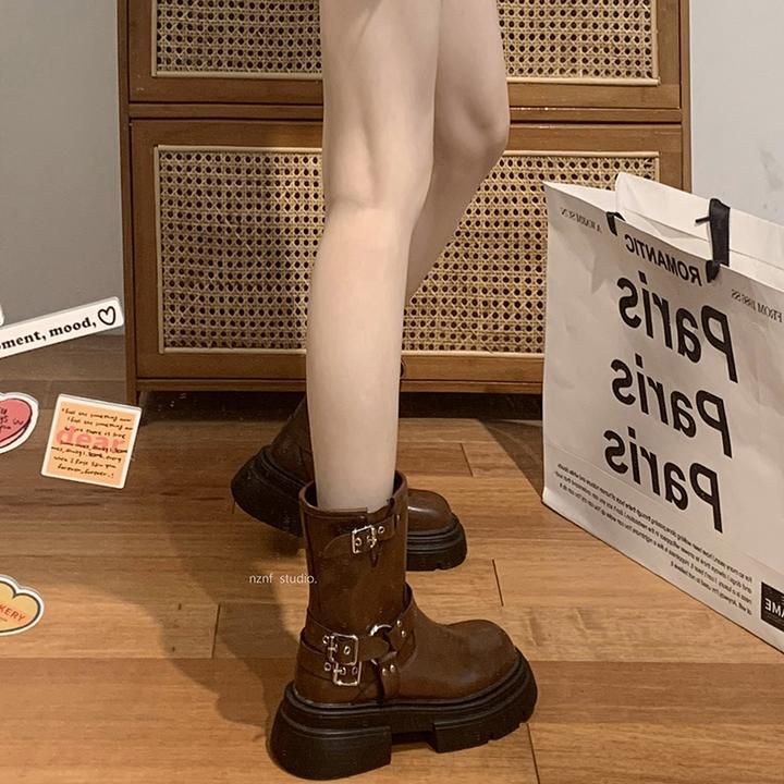 南在南方棕色厚底西部牛仔短靴子女款2025新款春秋显瘦复古马丁靴