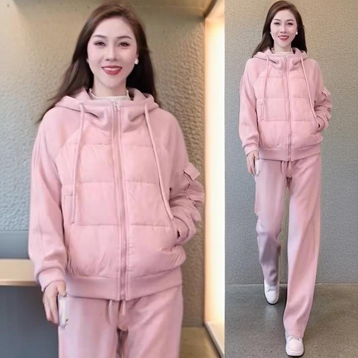 加绒加厚休闲运动套装女冬季新款加棉外套直筒裤保暖减龄两件套