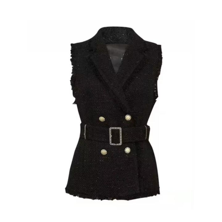 商场同款女装2024秋季腰带气质小香风双排扣无袖马甲外套轻奢黑色