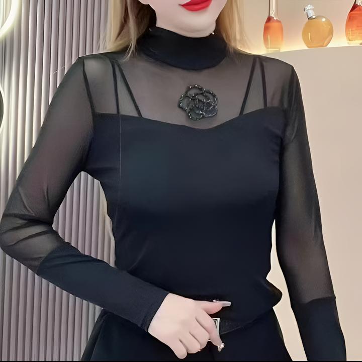 早秋新款玫瑰花网纱打底衫显瘦款女款气质内搭服装品质女装黑色