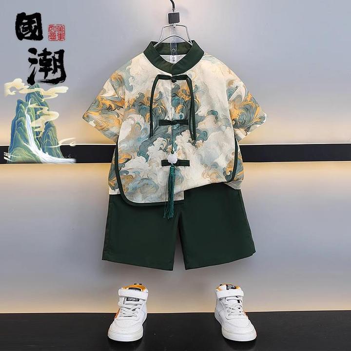 FAVMARTHA男童新中式汉服儿童夏装薄款短袖套装男宝宝夏季中国风