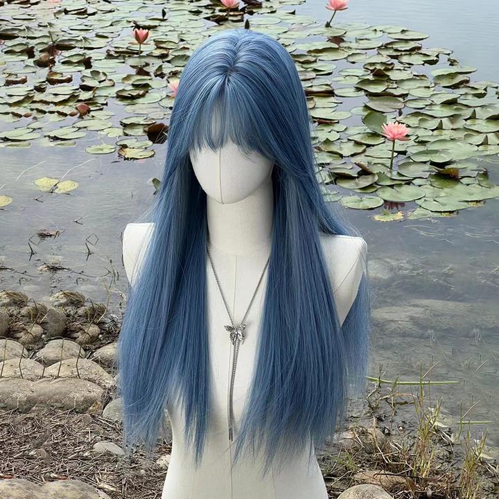 水舞沙蓝色假发女长发自然仿真全头套空气刘海长直发网红cos假发